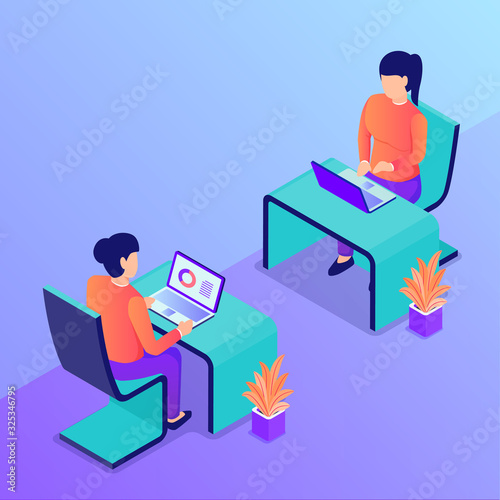 office situation with two woman work on computer with isometric style © MGhozi