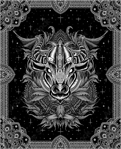 Bull head with viking hat on black background-vector illustration design