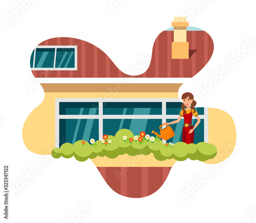 Household Garden Flat Color Vector Illustration. Pretty Girl in Overalls Watering Plants Cartoon Character. Young Gardener near Flower bed, Shrubbery. Flowers Growth Hobby. Balcony Planting