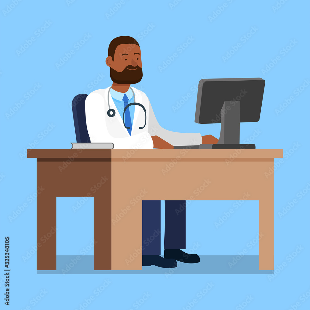Doctor in White Coat Sit at Table near Computer. Reception at Ophthalmologist. Check Eyesight. Health Care. Doctor Ophthalmologist. Vector Illustration. Man Doctor. Doctor Working at Computer. Doctor in White Coat Sit at Table near Computer. Reception at Ophthalmologist. Check Eyesight. Health Care. Doctor Ophthalmologist. Vector Illustration. Man Doctor. Doctor Working at Computer.