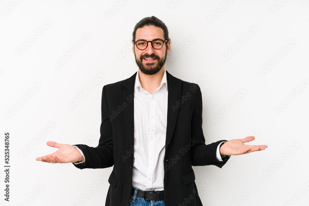 Young caucasian business man isolated on a white background showing a welcome expression. Young caucasian business man isolated on a white background showing a welcome expression.
