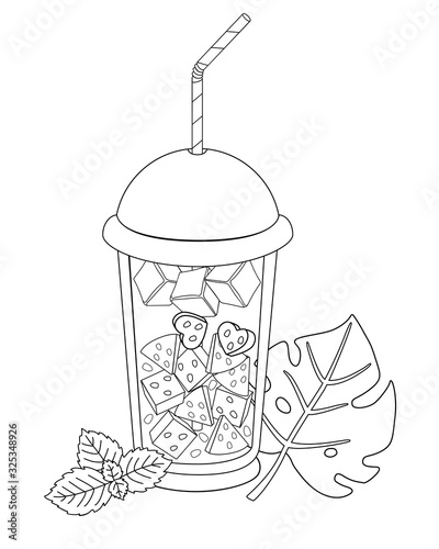 Glass with a cold summer drink - vector linear picture for coloring. Outline. Juice with ice and slices of watermelon in a glass with a lid and a drinking straw. Drink decorated with mint and tropical