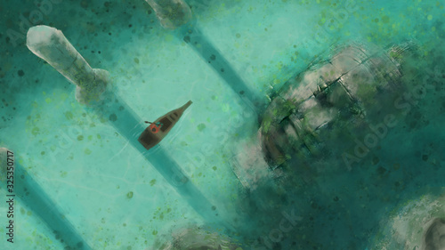 Wallpaper Mural man are boating Washing through the ruins of the empire collapse.illustration painting Torontodigital.ca