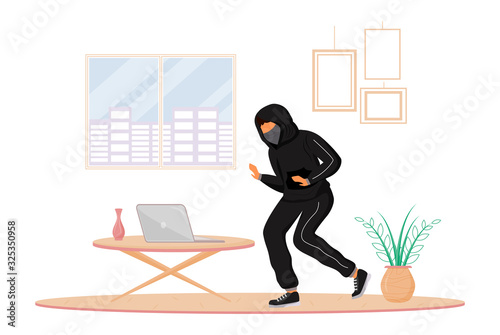 House burglary flat color vector faceless character. Robber stealing laptop from apartment. Property theft. Illegal entry. Home-breaking. Isolated cartoon illustration
