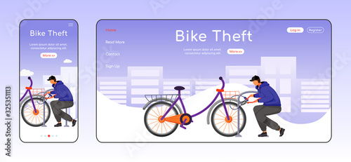 Bike theft adaptive landing page flat color vector template. Street thief mobile and PC homepage layout. Man breaking bicycle lock one page website UI. Webpage cross platform design
