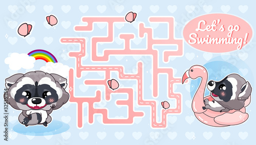 Lets go swimming labyrinth with cartoon character template. Happy racoon find path maze with solution for educational kids game. Cute baby raccoon printable flat vector layout