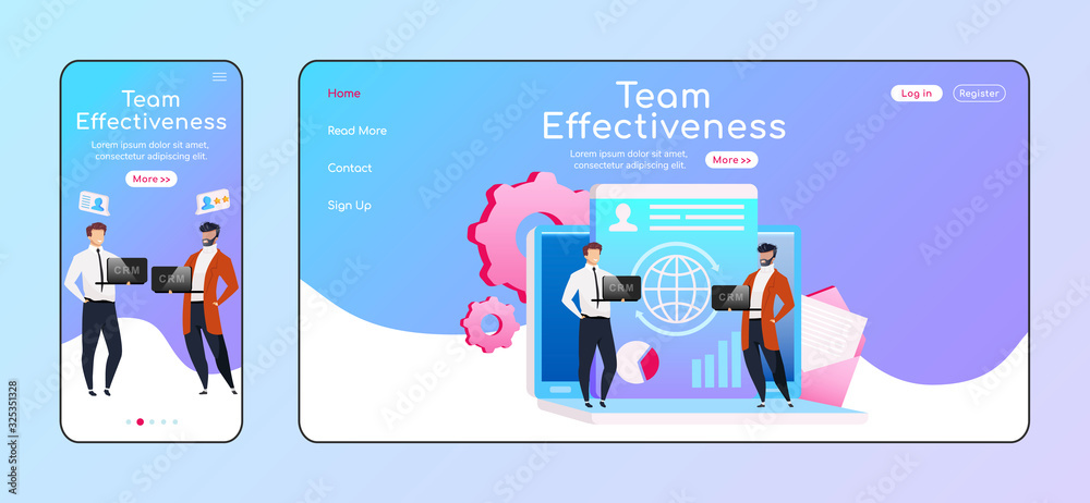 Team effectiveness adaptive landing page flat color vector template. Employees keep laptops mobile and PC homepage layout. Teamwork one page website UI. CRM system webpage cross platform design
