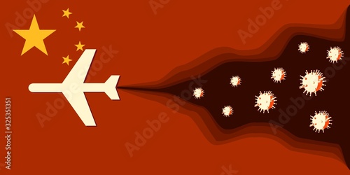 Spreading of viral infection. Medical science relative theme. Paper cut style. Air plane and viruses icons. Flag of the China