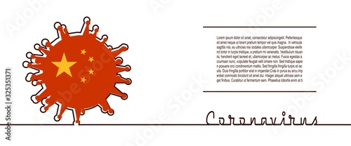 Abstract virus silhouette and Coronavirus text in thin line style. Coronavirus virus danger relative illustration. Medical research theme. Virus epidemic alert. Flag of the China