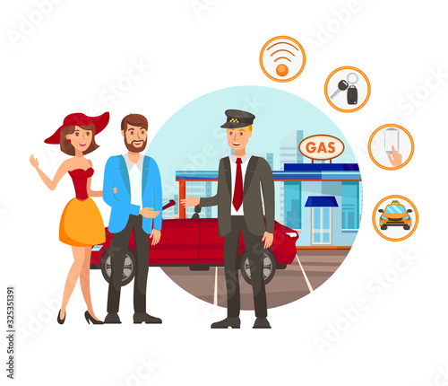 Valet Parking Service Flat Vector Illustration. Young Couple on Gas Station Isolated Cartoon Characters.Automobile Rental. Husband and Wife Talk to Taxi Driver. Car Rent Design Element