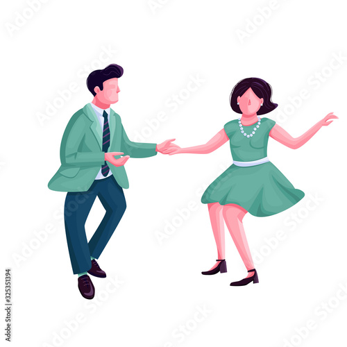 Man and woman dancing twist flat color vector faceless character. Swing dance performers. Couple at vintage revival party isolated cartoon illustration for web graphic design and animation