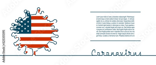 Abstract virus silhouette and Coronavirus text in thin line style. Coronavirus virus danger relative illustration. Medical research theme. Virus epidemic alert. Flag of the USA