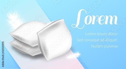 Feather Pillows 3d Image. Cotton Surface. Orthopedic Pillow. Healthy Sleep. Blue Background and Text. Sweet Dreams. Advertising Image. Anatomical Form. Healty Lifestyle. Vector Illustration.
