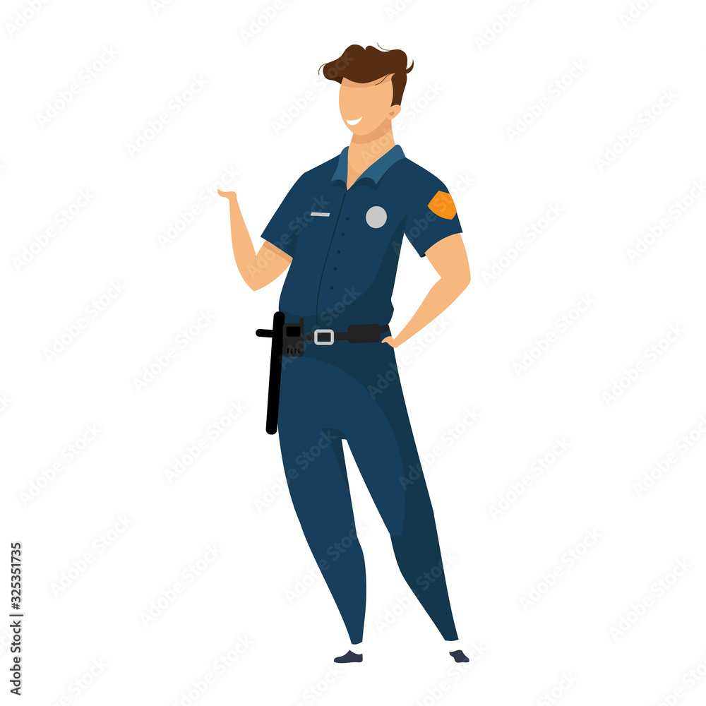 Police officer flat color vector faceless character. Law enforcer, policeman in uniform isolated cartoon illustration for web graphic design and animation. Happy patrolman, smiling cop