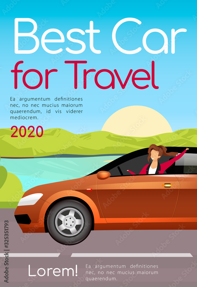 Plakat Best car for travel poster flat vector template. Automobile for tourism, road trip brochure, magazine page concept design with cartoon character. Vacation transport flyer, leaflet with text space
