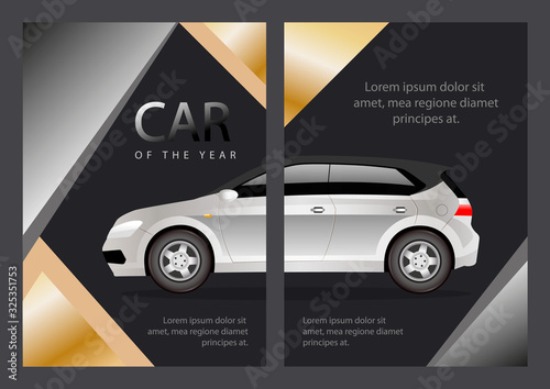 Car of the year flat vector brochure template. Auto dealership flyer, booklet, printable leaflet design. Best family car magazine page, cartoon annual reports, infographic posters with text space