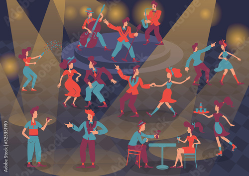 Retro people flat color vector faceless characters set. Jazz musicians and rock n roll dancers. Rockabilly 1950s style ladies and gentlemen isolated cartoon illustrations on spot light background