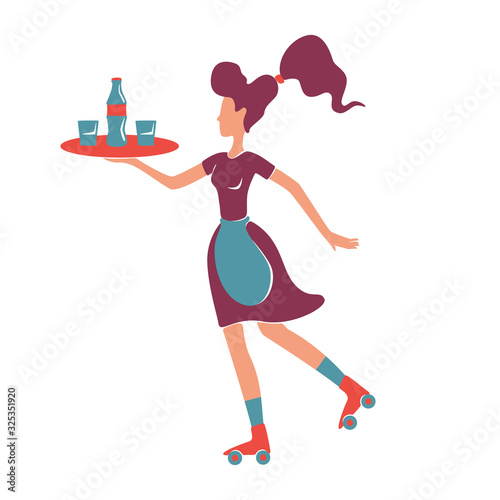 Retro style roller waitress serving flat color vector faceless character. Female old fashioned restaurant waiter on rollerskate holding tray with alcohol drinks isolated cartoon illustration