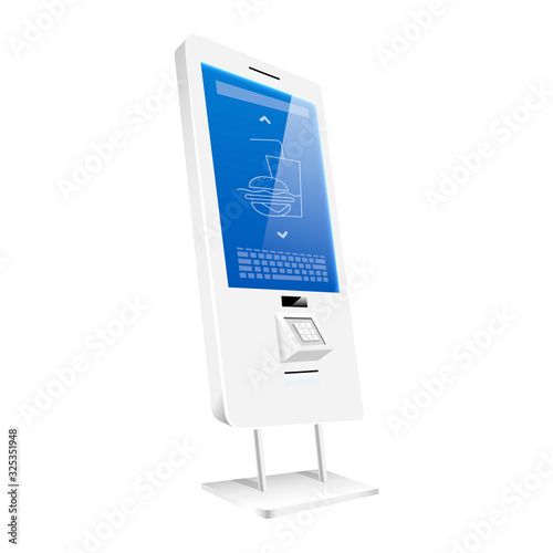 Digital food counter with sensor display realistic vector illustration. Interactive vending kiosk flat color object. Online self order construction isolated on white background. Freestanding board