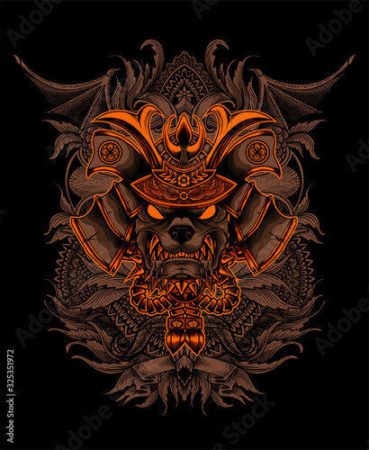 illustration vector Dog head with samurai helmet 