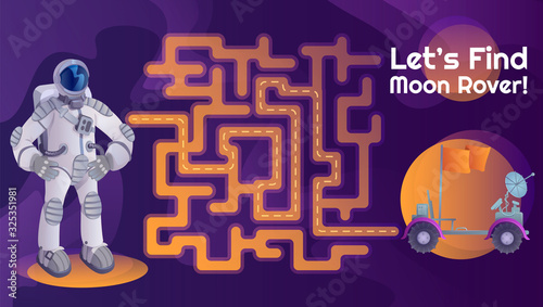 Astronaut moon rover labyrinth with cartoon character template. Cosmonaut and moonwalker find path maze with solution for educational kids game. Adventure, spaceflight printable flat vector layout