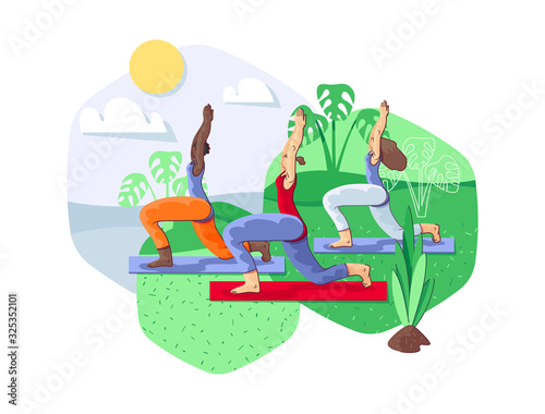 Young Mixed Race Women are Practicing Yoga Outdoors in Tropical Landscape
