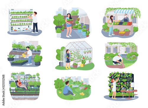 Urban gardening 2D vector web banners, posters set. Gardeners, horticulturists flat characters on cartoon background. Agriculture, plants cultivation printable patches, colorful web elements