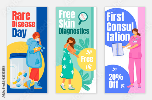 Rare disease day flyers flat vector templates set. Free skin diagnostic printable leaflet design layout. Medical attention. First consultation advertising web vertical banner, social media stories