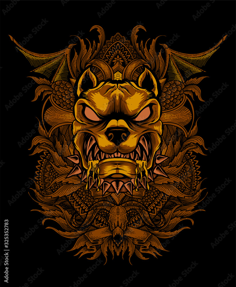 Angry dog head with unique engraving vintage-vector illustration art
