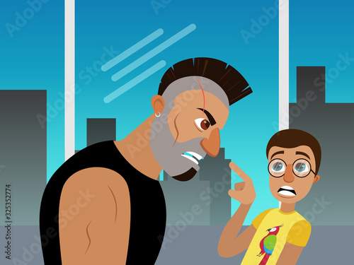 Movie Scene Scared Nerd Guy in Glasses and Funny T-shirt Speaking with Angry Bearded Punk Male Character Grinning Teeth on Cityscape Background. Film Actor, Cinema Cartoon Flat Vector Illustration