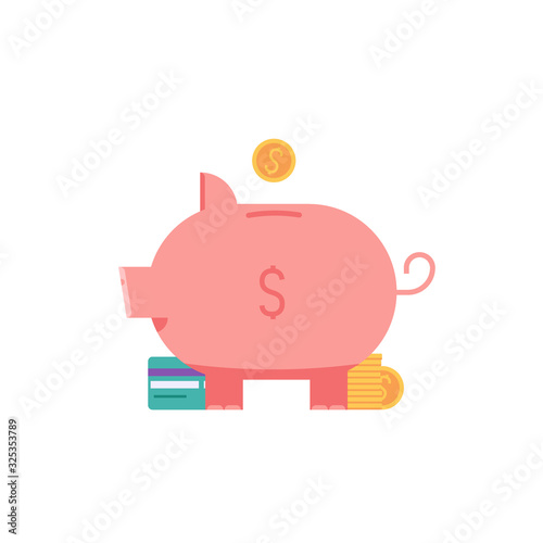 Pig element. Money in piggy bank with coins and credit card. Concept of banking, saving money, deposit, cash back. Vector illustration in flat design for UI, web banner, mobile app
