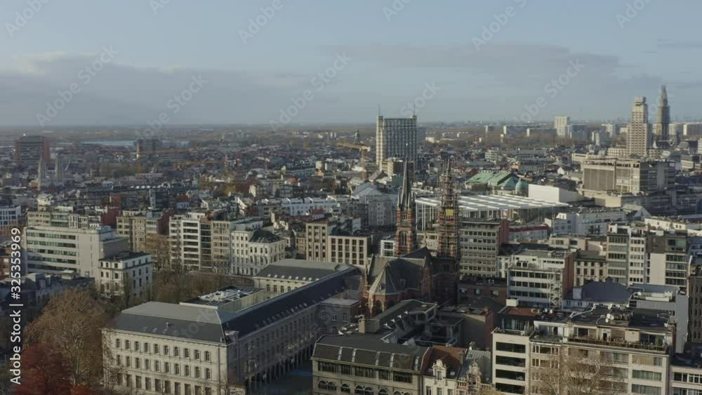 Antwerp Belgium Aerial v20 Flying low over Stadspark with Theaterbuurt and cityscape views downtown - November 2019