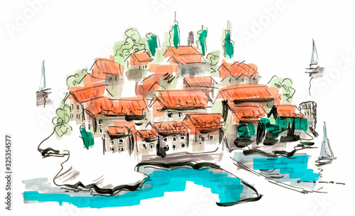 Sveti Stefan island in Budva, Montenegro, hand drawn marker sketch eps10 vector illustration isolated on white.