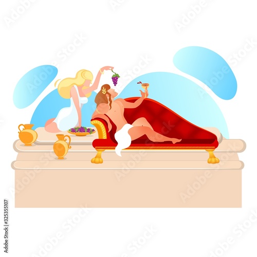 Dionysus God of Wine and Goddess Ariadne in Ancient Greek Mythology. Athlete Eating Grapes and Drinking Vine. Woman Holding Grapes Bunch. Amphora Jugs Stand around Cartoon Flat Vector Illustration photo