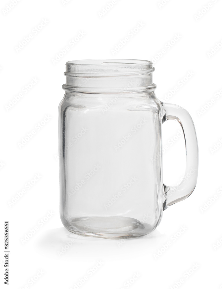 Empty glass jar with handle isolated on white Empty glass jar with handle isolated on white