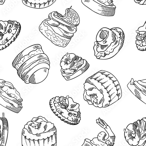 Seamless pattern with finger food. Sketch style repeated background. Bruschetta, sandwich, canapes and tapas. Vector illustration