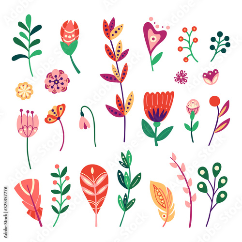Easter cute design elements. Holiday background with flowers, leaves. Childish vector illustration