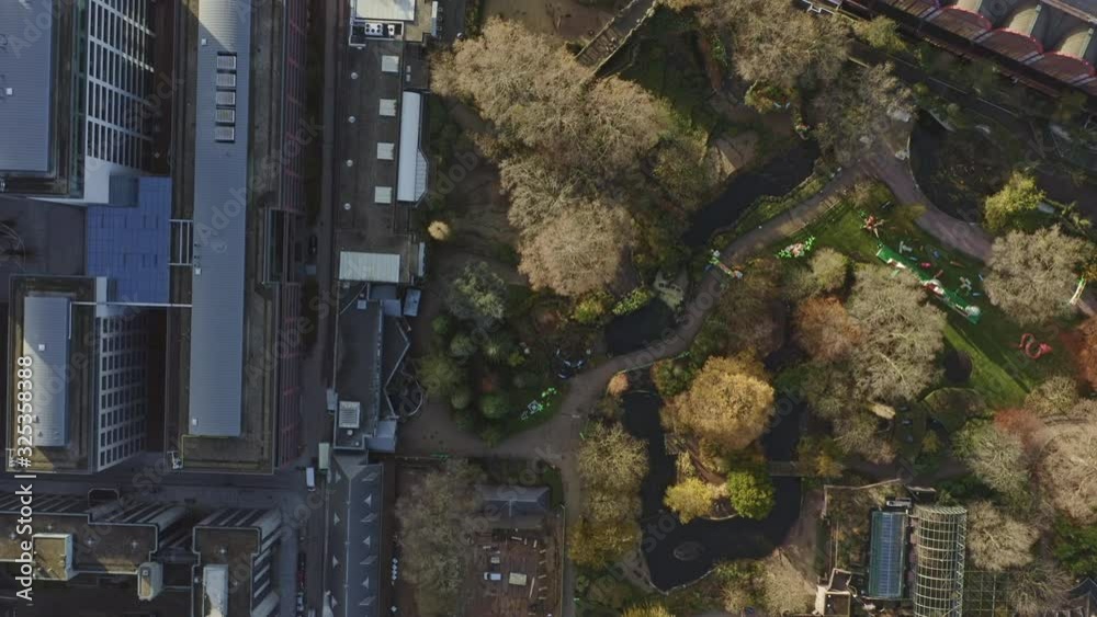 Antwerp Belgium Aerial v25 Vertical view flying over zoo, train station, Diamant district and Stadspark - November 2019