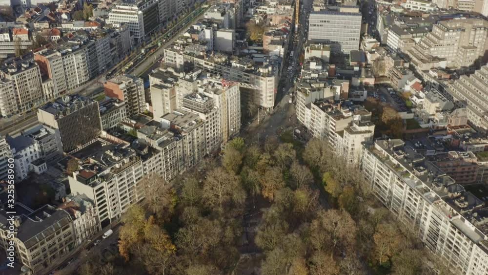 Antwerp Belgium Aerial v26 Birdseye view flying over Stadspark into downtown cityscape views - November 2019