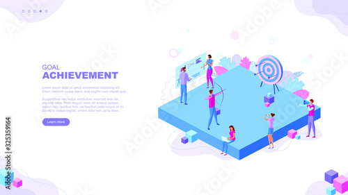 Trendy flat illustration. Goal achievement page concept. Archer aims at the target. Working on achieving the goal mataphor. Template for your design works. Vector graphics.