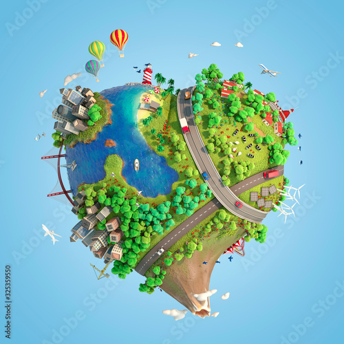 Heart shaped world showing a peaceful and sustainable lifestyle, green planet with clean energy and happy mood in sunny day as concept for love and peace. 3d render