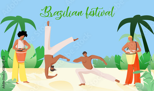 Vector Illustration is Written Brazilian Festival. Men in Traditional Clothes are Engaged in Capoeira to Music. Men Play Drums for Capoeira against Backdrop Tropical Palms and Plants.