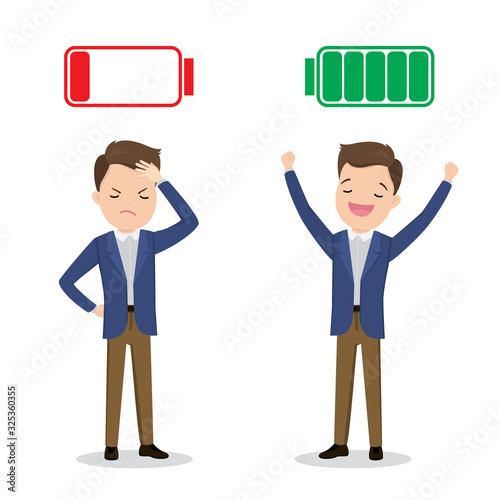 Happy strong caucasian Businessman with green full battery and sad powerless businessman with red low battery