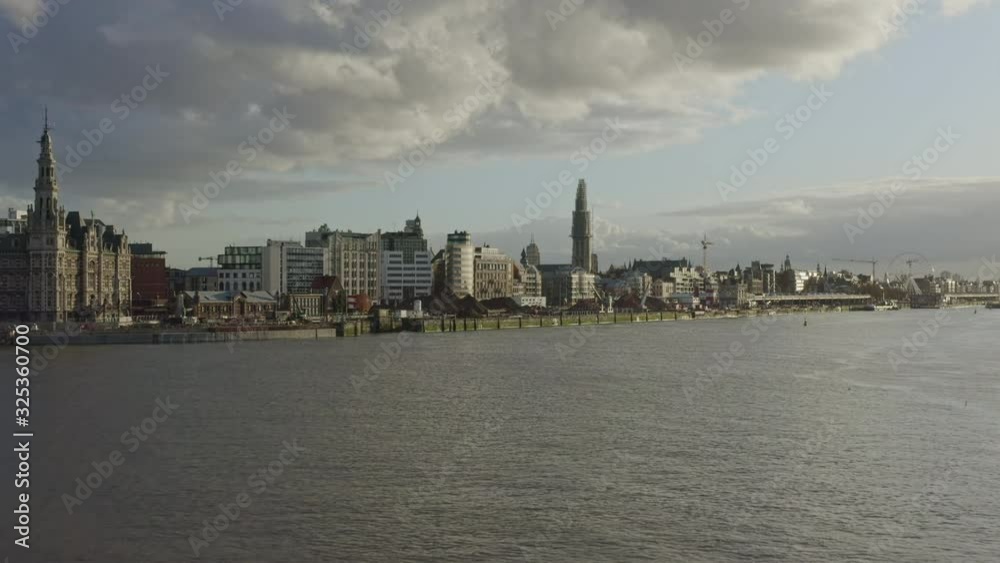 Antwerp Belgium Aerial v28 Flying low over Scheldt River into downtown old town district - November 2019