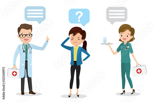 Tired and ill businesswoman and male doctor and female nurse with first-aid kit and pills