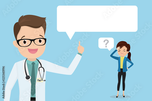 Tired and ill businesswoman and happy caucasian male doctor with white speech bubble