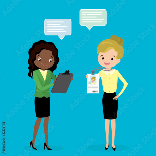 Happy caucasian businesswoman or office worker holding badge with id,photo and qr code