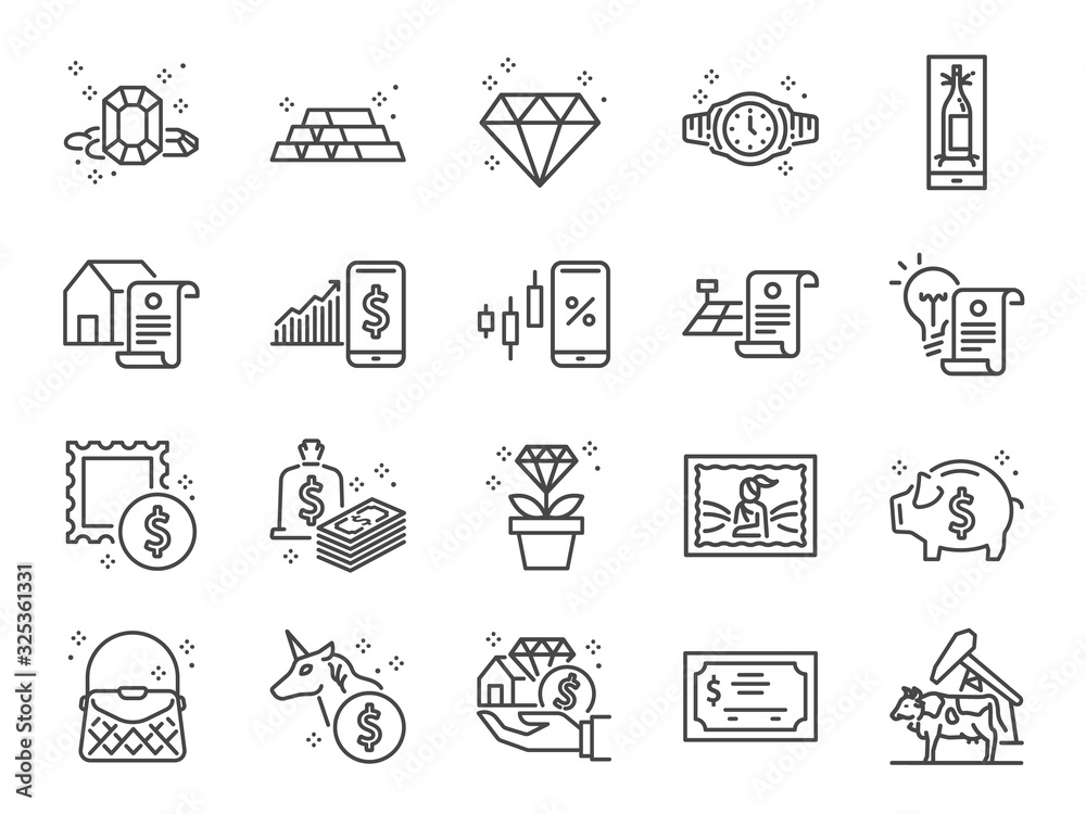 Asset line icon set. Included icons as gold, land, diamond, cash, money, valuables, investment and more. Asset line icon set. Included icons as gold, land, diamond, cash, money, valuables, investment and more.