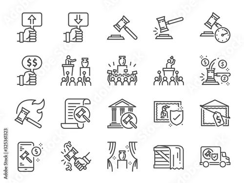 Auction line icon set. Included icons as hammer, price, bidding, judge, auction hammer, painting, deal and more. photo