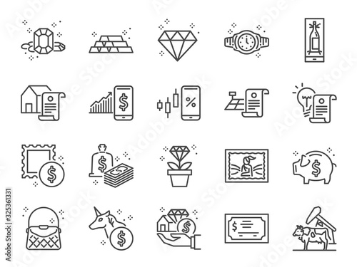 Asset line icon set. Included icons as gold, land, diamond, cash, money, valuables, investment and more.